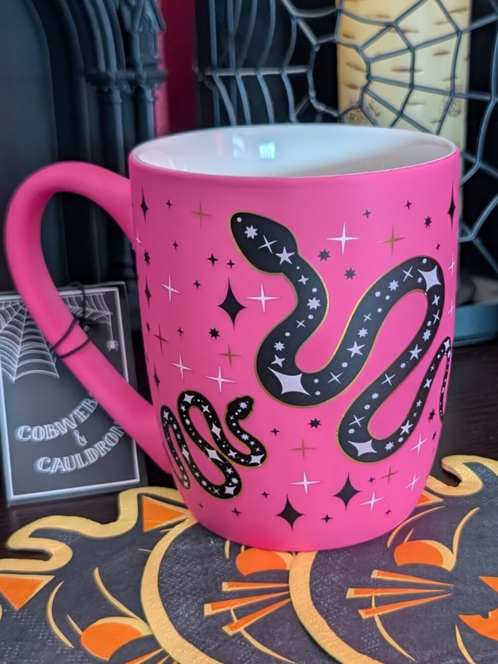 New Halloween Mug Black Snakes on Pink w/ Starbursts